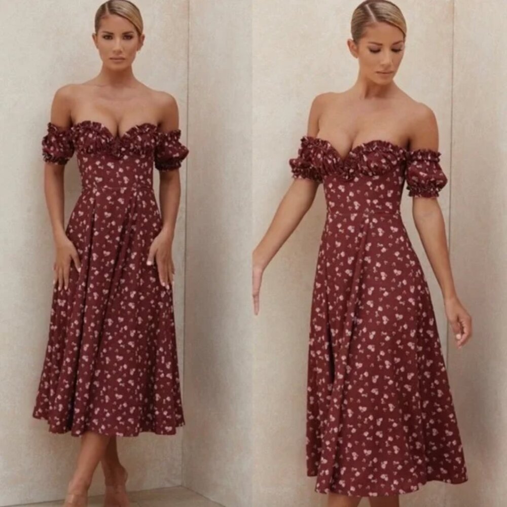 House of CB ‘Lauren’ Wine Floral Strapless Midi Dress NWOT